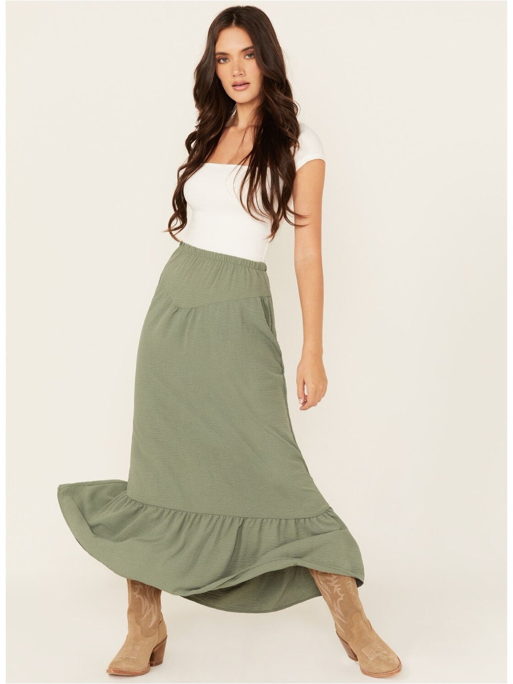 Flowy Sage Green Maxi Skirt with Ruffle Hem
